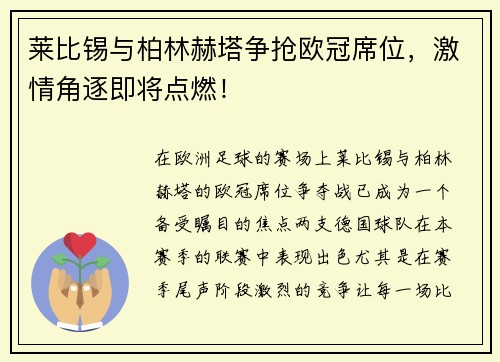 莱比锡与柏林赫塔争抢欧冠席位，激情角逐即将点燃！