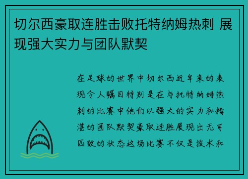 切尔西豪取连胜击败托特纳姆热刺 展现强大实力与团队默契